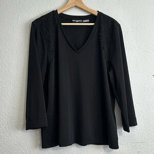 Karl Lagerfeld Paris Black V Neck Floral Lace 3/4 Sleeve Womens Top Size Large